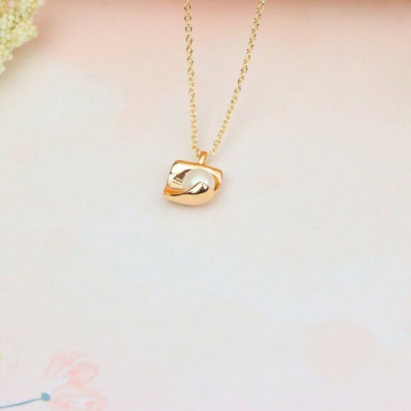 "Rose Gold Necklace with Modern Square Pendant and Pearl Accent, XPNL1885 - Picture 12 of 13